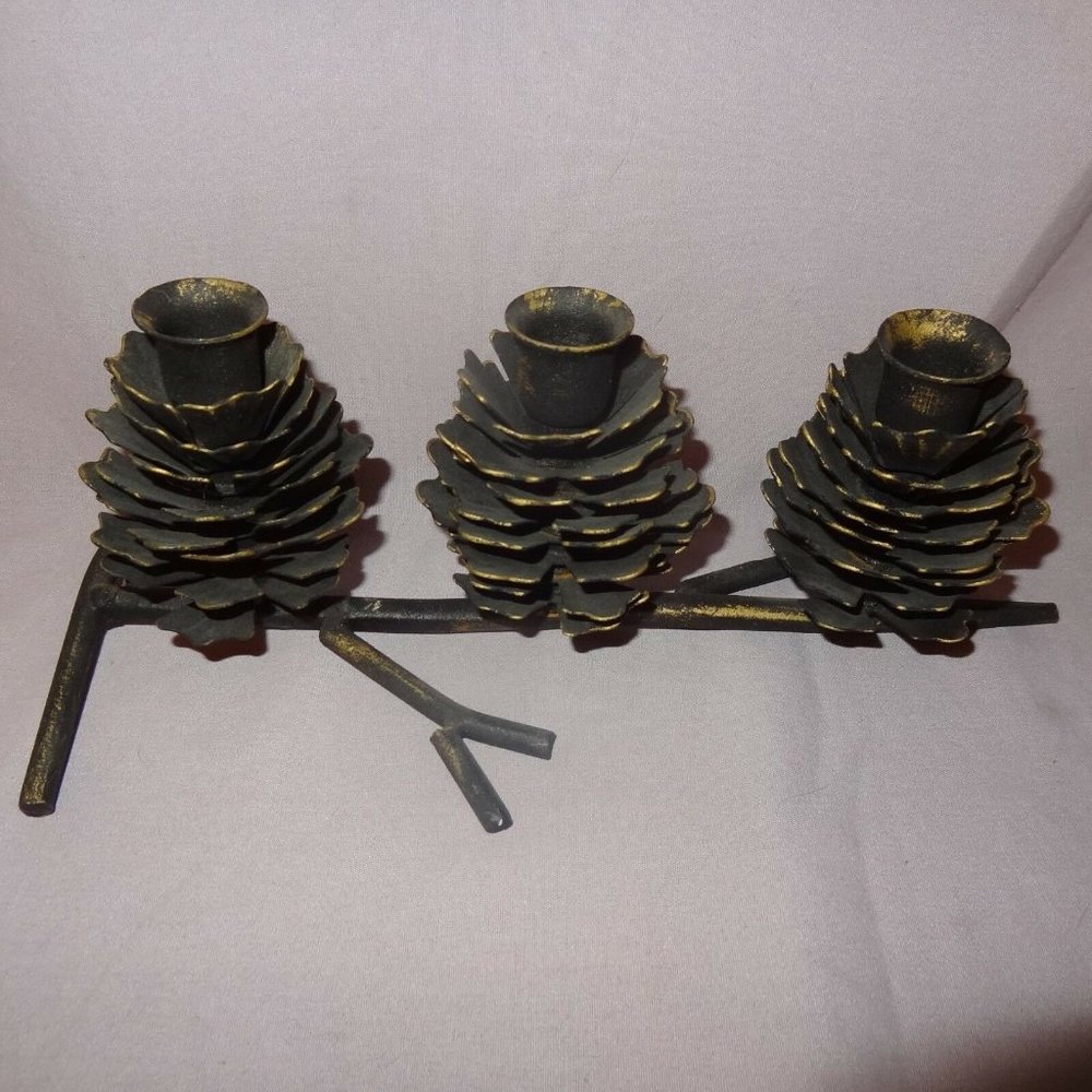 Pine Cone Taper Candle Holder 3" Metal Rustic